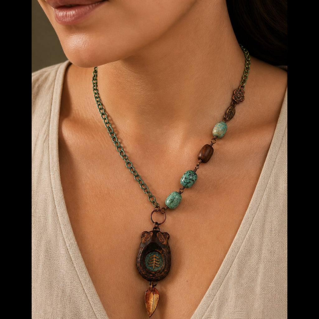 Brown Bear Necklace - Turquoise & Ceramic Artisan Jewelry