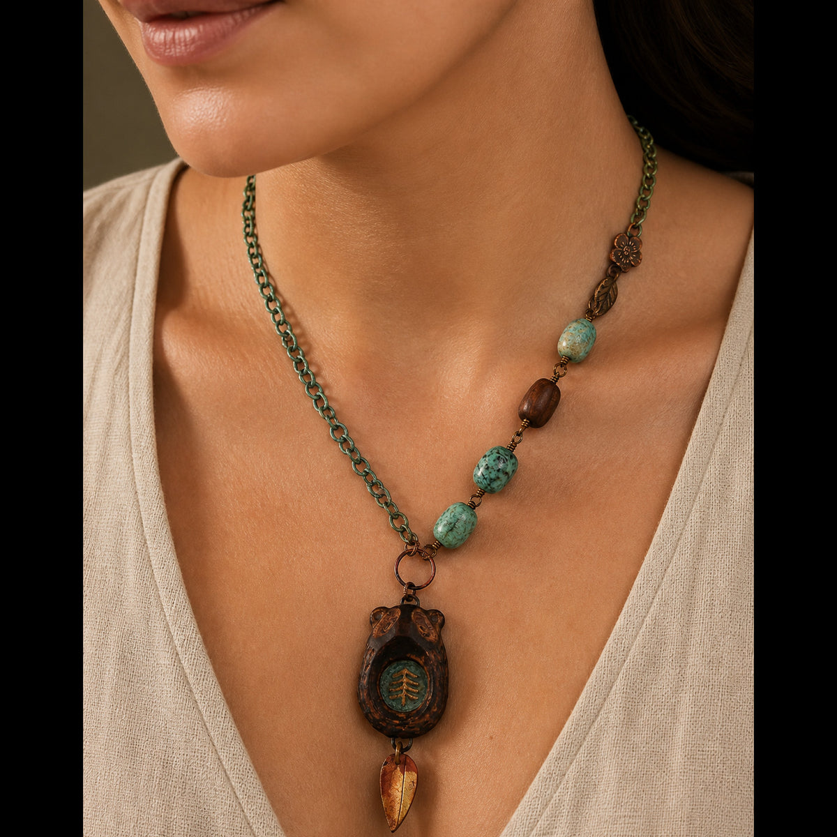 Brown Bear Necklace - Turquoise & Ceramic Artisan Jewelry