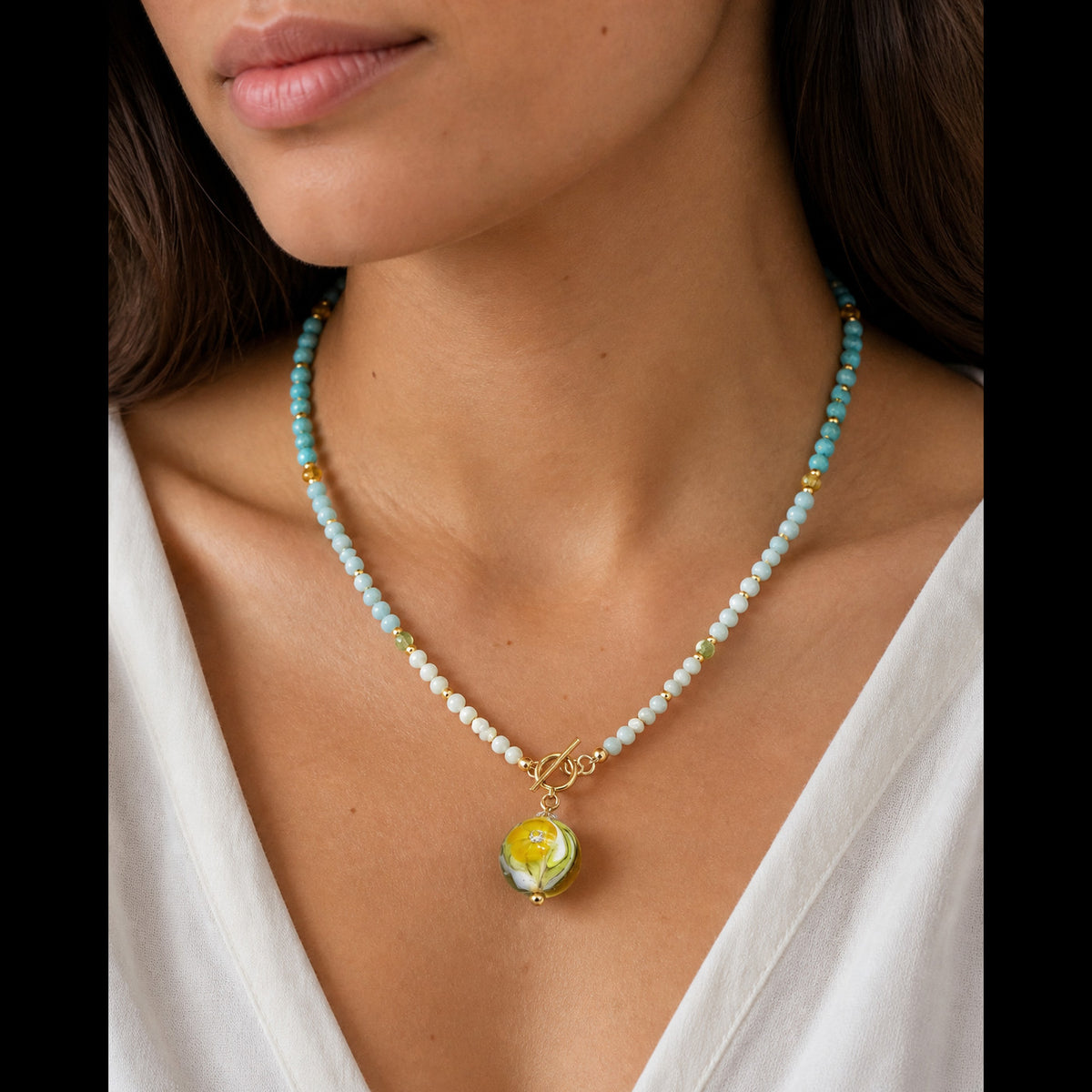 Daylily Necklace - Artisan Lampwork Glass, Gold Filled Findings, Turquoise