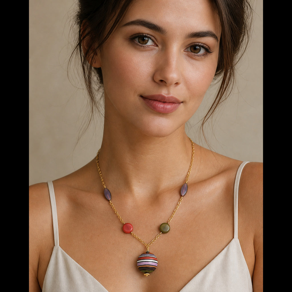 Geometric Handmade Necklace - Boho Earth Tones, Ceramic Art