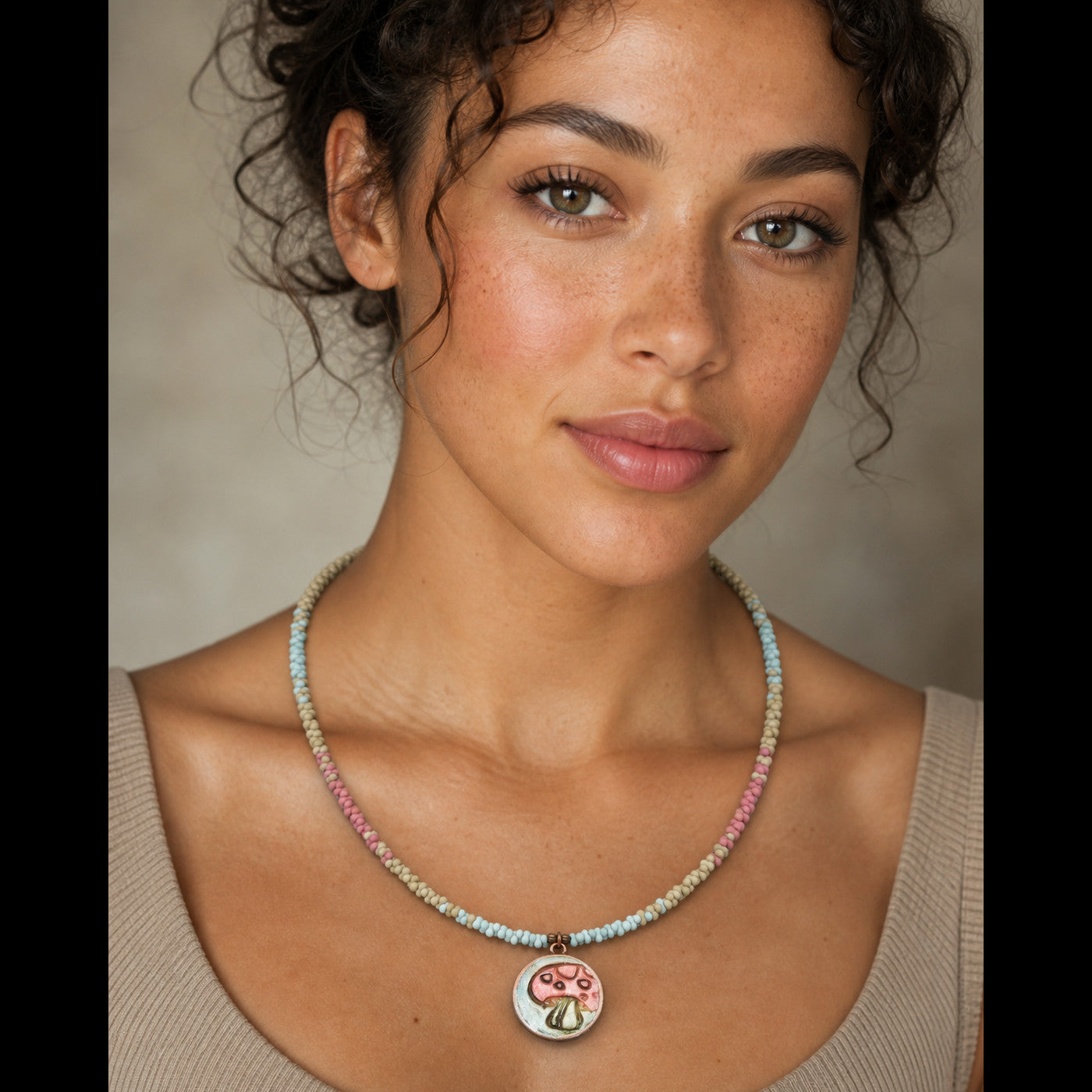Happy Mushroom Necklace - Artisan Polymer Clay Focal, Peanut Seed Beads, Antique Brass