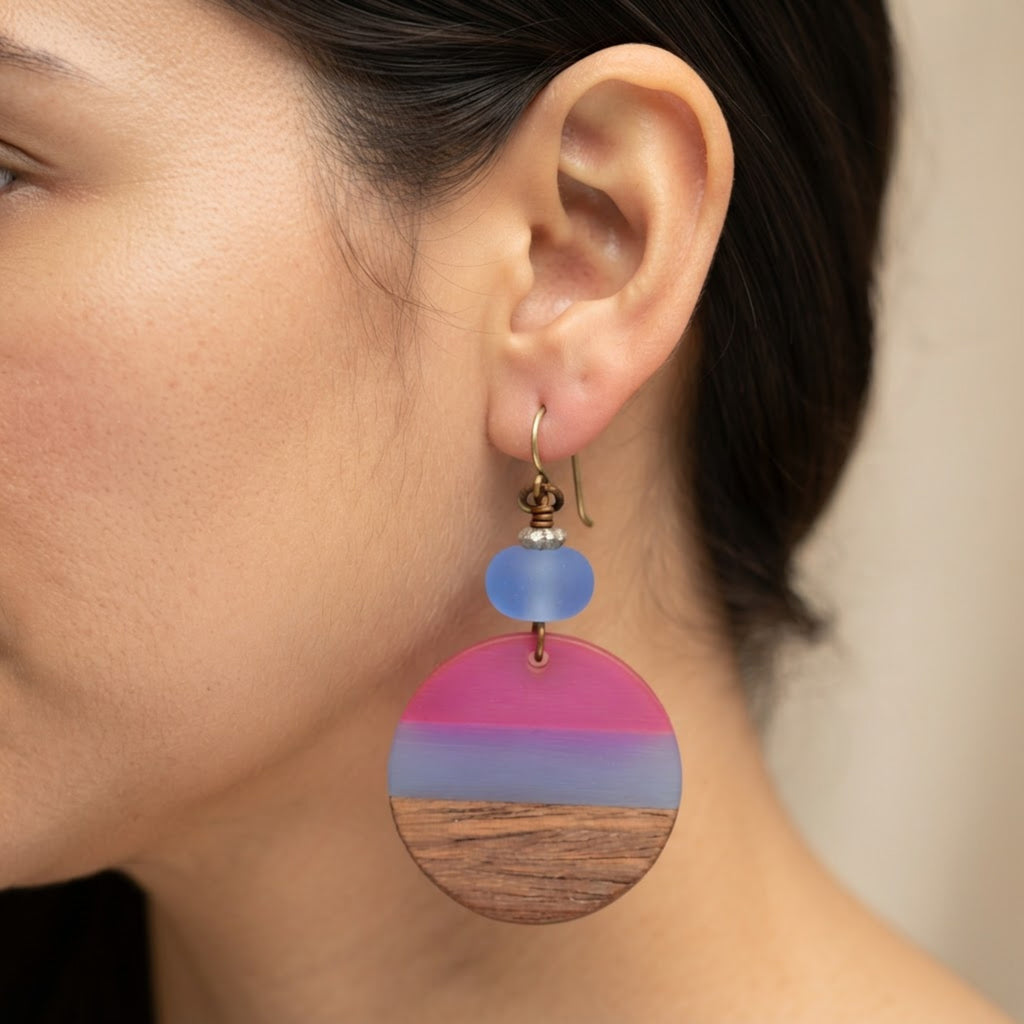 Beach Skies Handmade Earrings - Artisan Lampwork Glass & Wood Resin