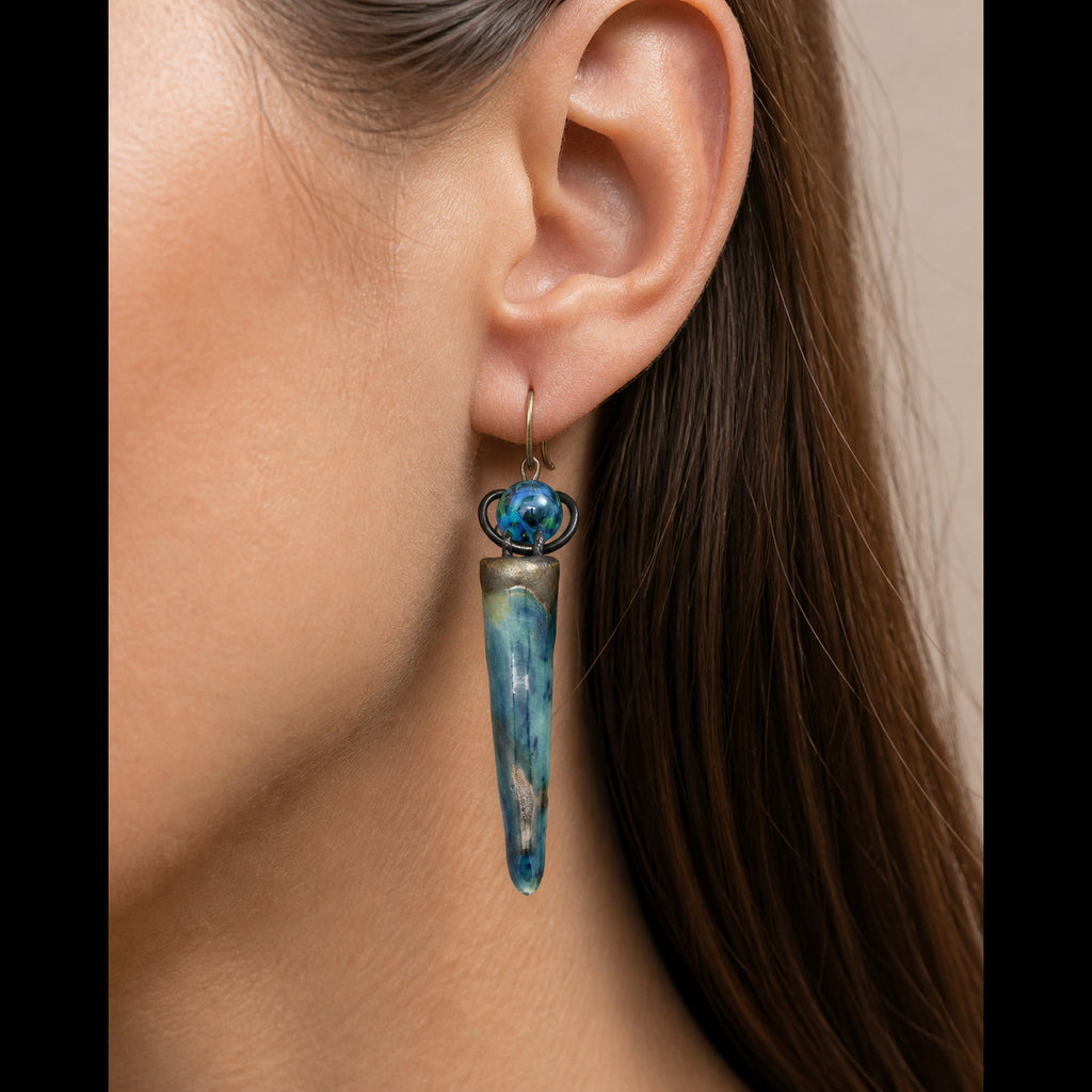 Drops of Ocean Blue Earrings - Artisan Porcelain Daggers & Glass
