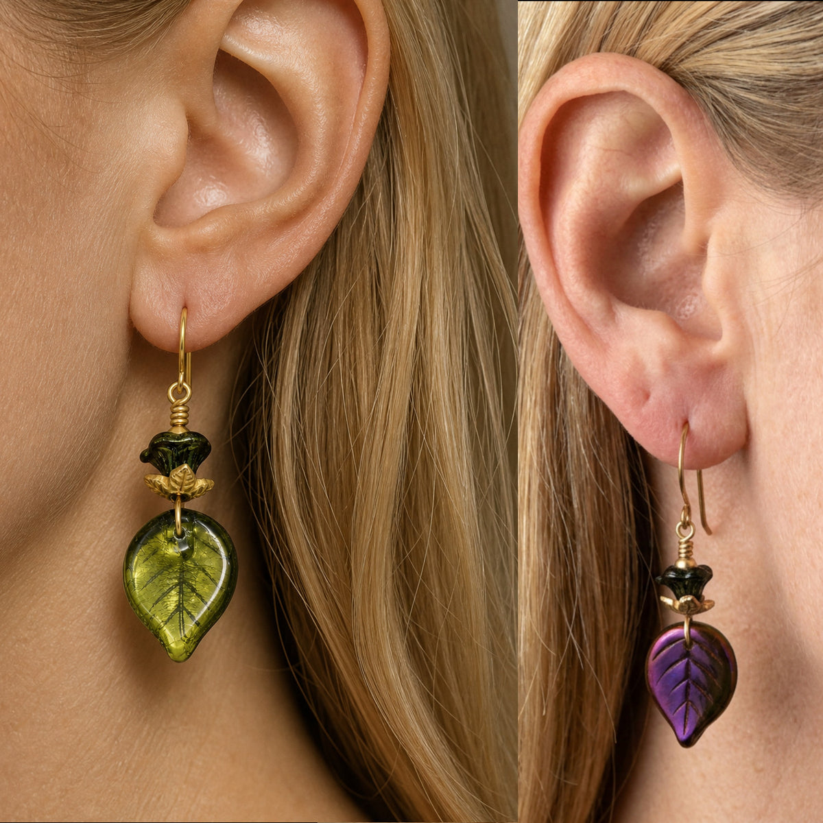 Falling Leaves Czech Glass Earrings - Handmade Olive Green and Purple