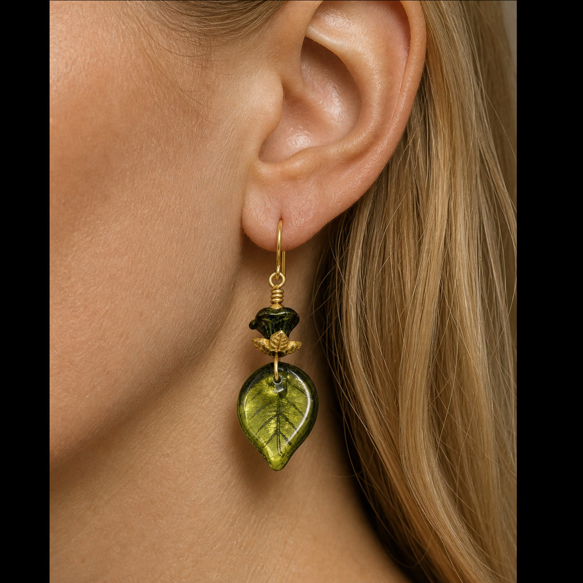 Falling Leaves Czech Glass Earrings - Handmade Olive Green and Purple