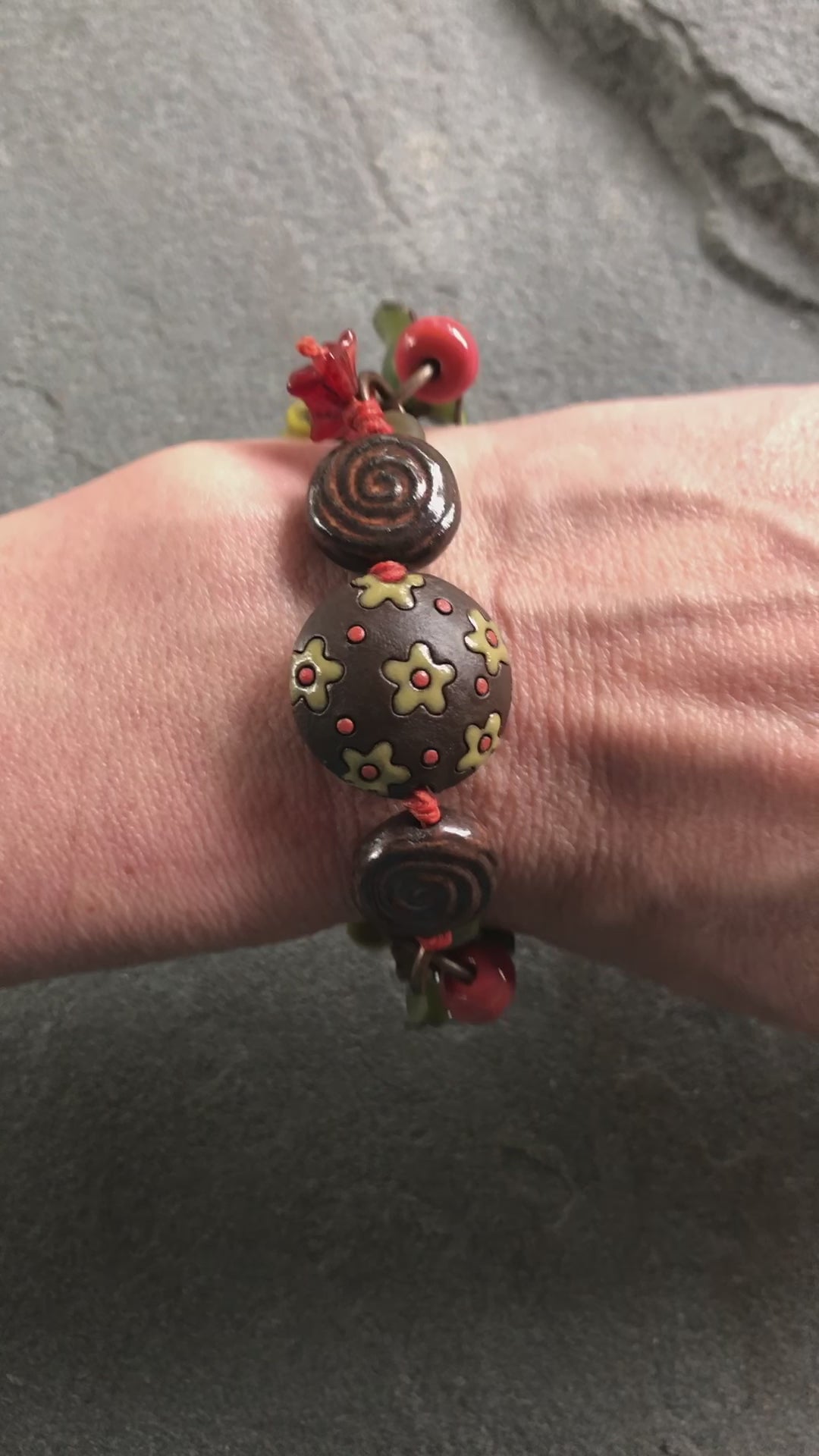 Fiesta Handmade Olive Green and Orange Bracelet with Artisan ceramic, artisan enameled flowers, artisan lampwork glass, Czech glass