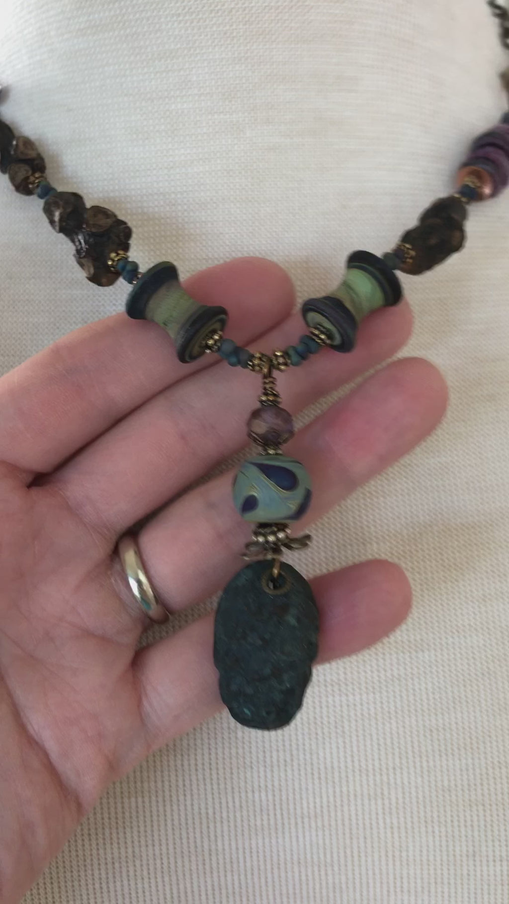 Midnight Blue Pine Cone Handmade Beaded Statement Necklace with Artisan Polymer Clay and Lampwork Glass, Fabric Textile, Natural Wood