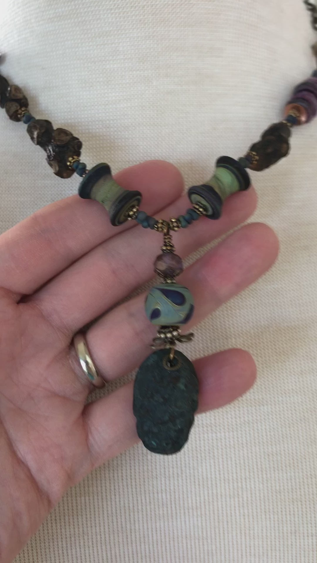 Midnight Blue Pine Cone Handmade Beaded Statement Necklace with Artisan Polymer Clay and Lampwork Glass, Fabric Textile, Natural Wood