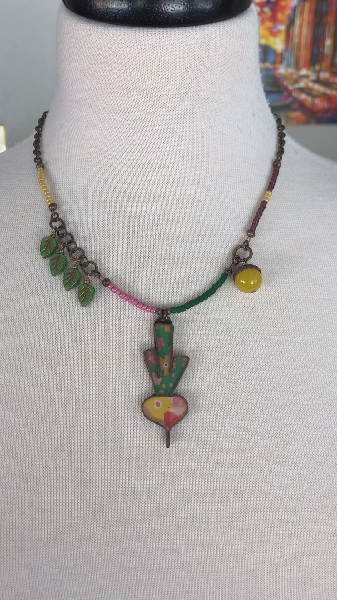 Happy Radish Statement Necklace with Artisan Resin Copper Focal, Yellow Quartz, Czech Glass, Antique Brass Plated Chain