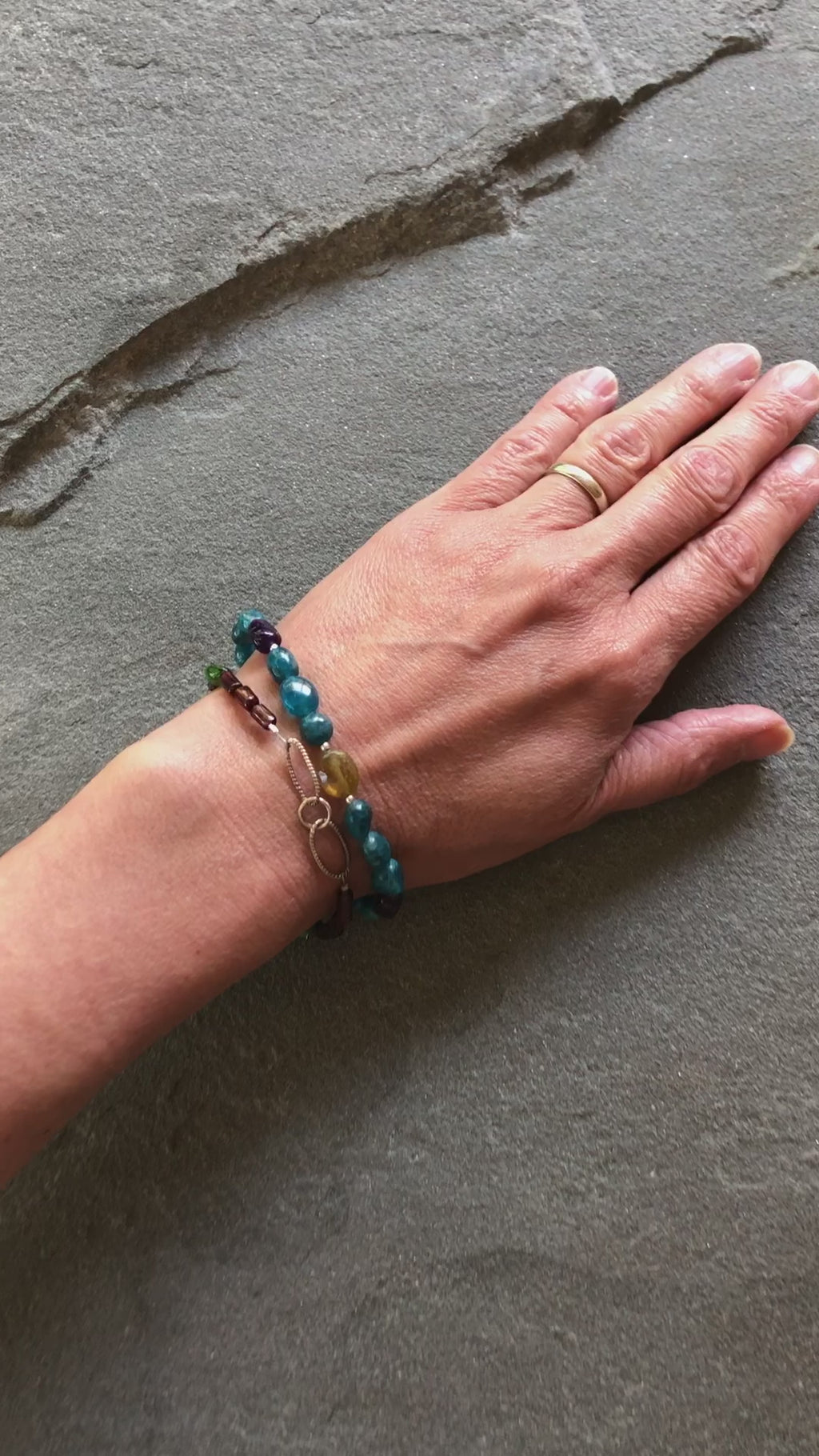 Blue Jean Baby Handmade Double Strand Beaded Bracelet with Apatite, Red and Green Garnet, Amethyst