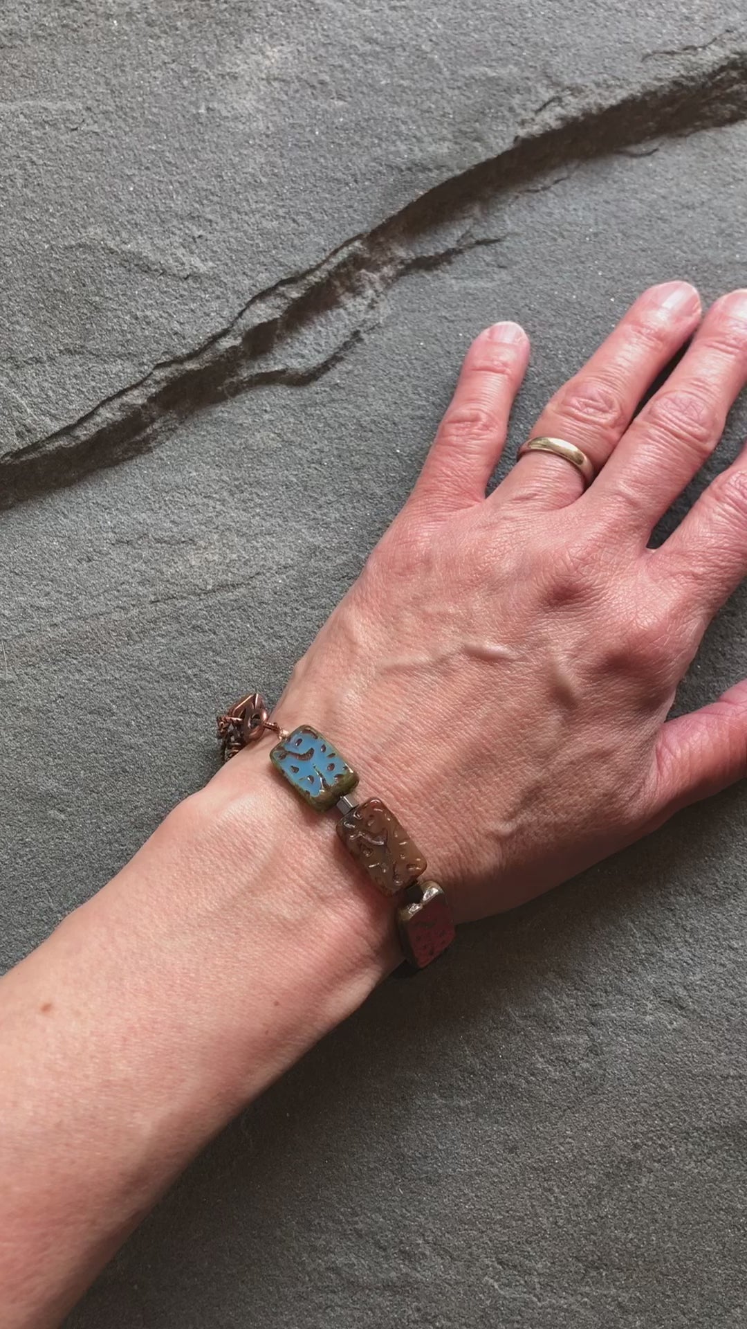 Sassy Earth Tones Handmade Beaded Bracelet with Czech glass, and copper chain
