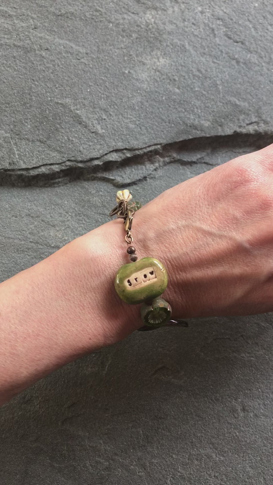 Grow Love Handmade Bracelet with Ceramic Artisan Green Focal, Czech Glass Flowers and Leaves