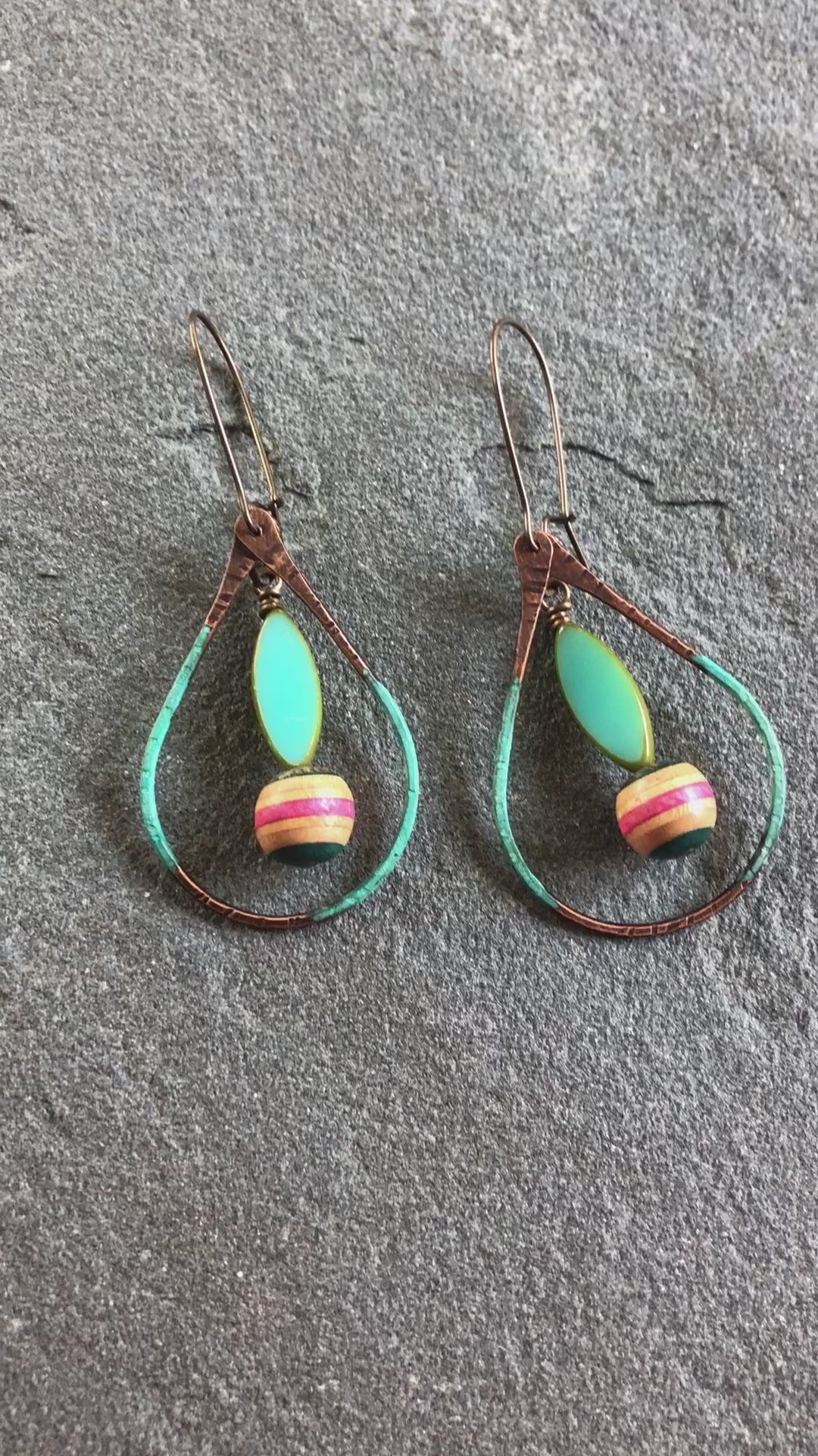 Longboard Recycled Skate Board Handmade Dangle Earrings, Artisan Patina Teardrops, Sky Blue Glass