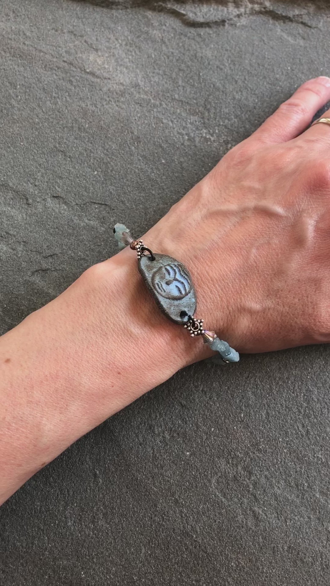 Luna Goddess Handmade Bracelet with Aquamarine, Artisan Ceramic, Sterling Silver and Czech Glass