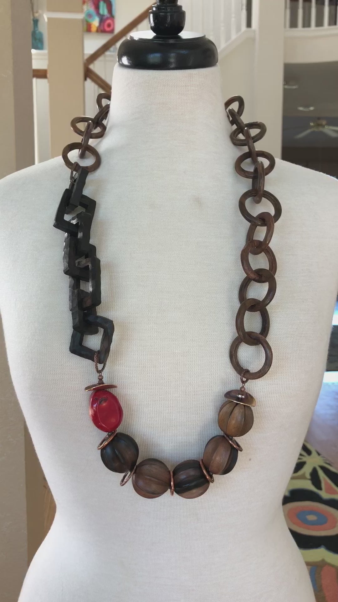 Oya Handmade Beaded Statement Necklace with Coral, Natural Wood, and Chunky Wood Chains