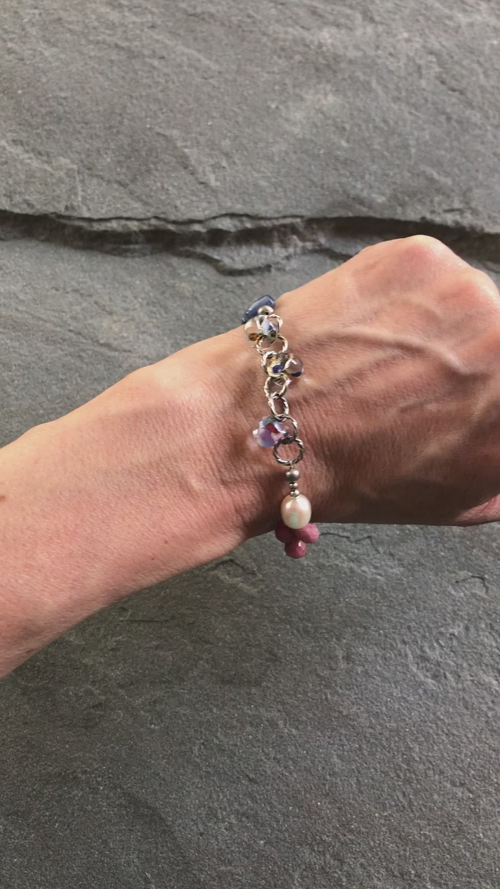 Potpourri Sachet Handmade Beaded Bracelet with Blue Kyanite, Fresh Water Pearls, Rhodochrosite, and Lampwork Glass