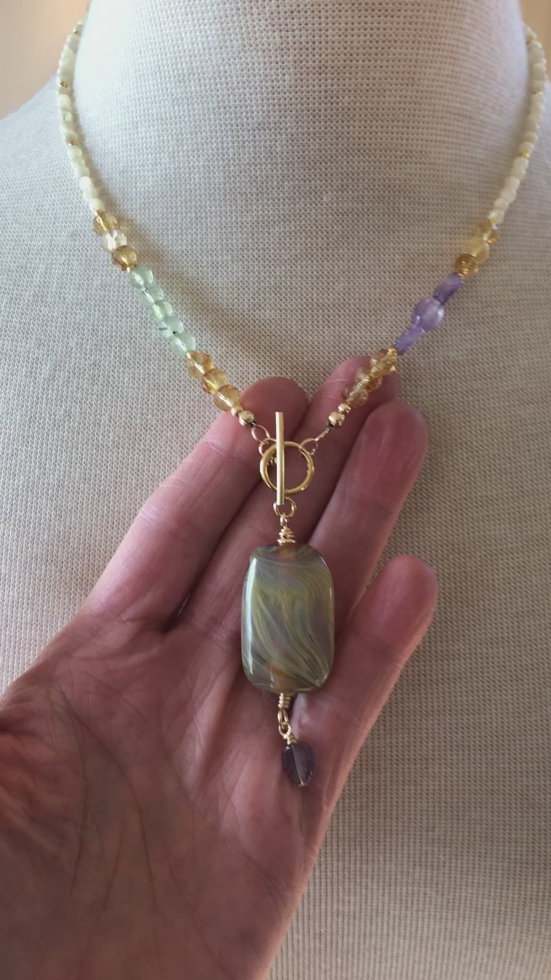Aphrodite Handmade Beaded Necklace. Artisan Lampwork Glass, Citrine, Amethyst, Prehnite, Gold Filled Findings, Mother of Pearl