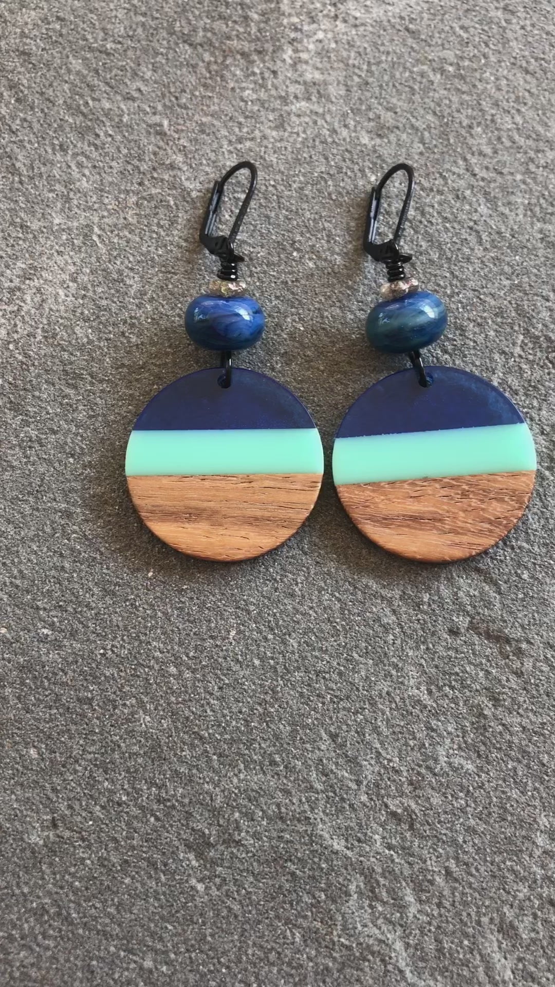 Ocean Blue Dangle Handmade Earrings, Artisan Lampwork Glass, Wood Resin Charms.