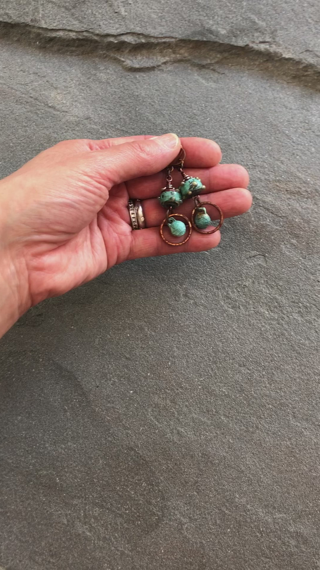 Patina Handmade Dangle Earrings, Gorgeous Artisan Lampwork Turquoise Glass, Belly Dancer Bells