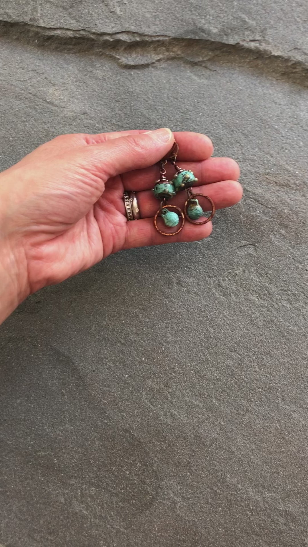 Patina Handmade Dangle Earrings, Gorgeous Artisan Lampwork Turquoise Glass, Belly Dancer Bells