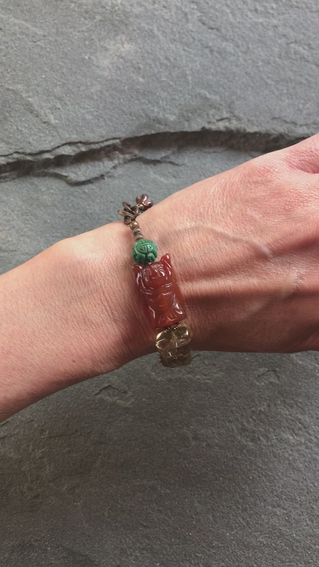 Buddha Handmade Beaded Bracelet with Carved Carnelian Buddha, Turquoise, Citrine, Iolite, Ruby Quartz