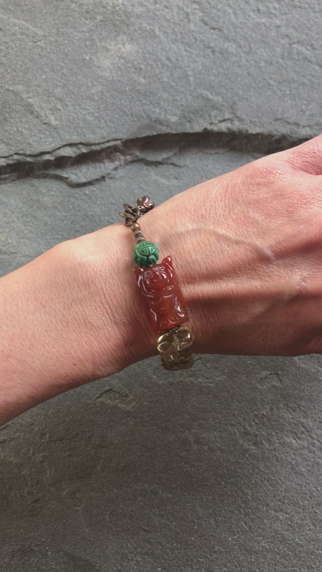 Buddha Handmade Beaded Bracelet with Carved Carnelian Buddha, Turquoise, Citrine, Iolite, Ruby Quartz