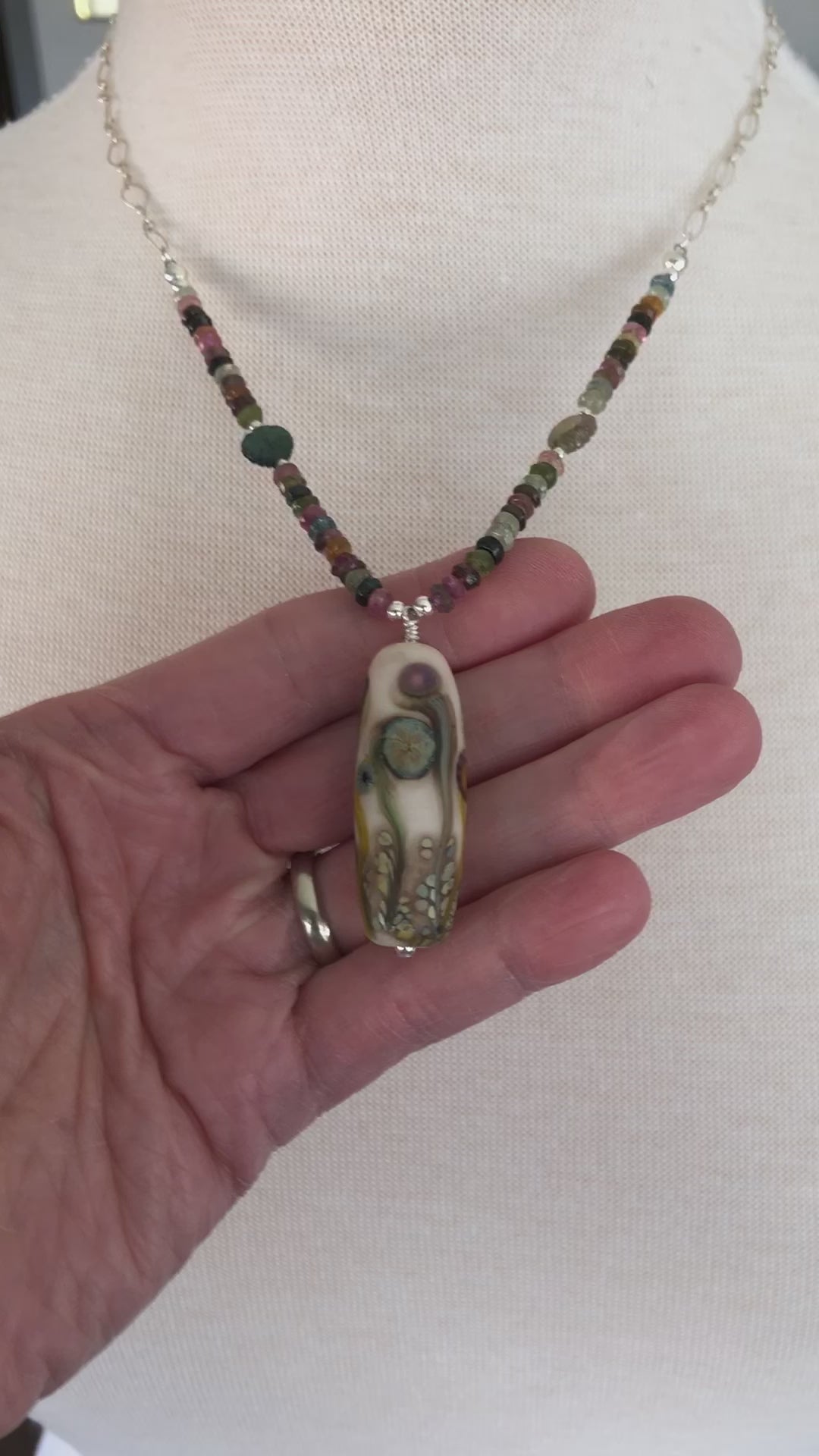 Pocketful of Posies Handmade Beaded Necklace. Artisan Lampwork Glass, Rainbow Tourmaline, Sterling Silver