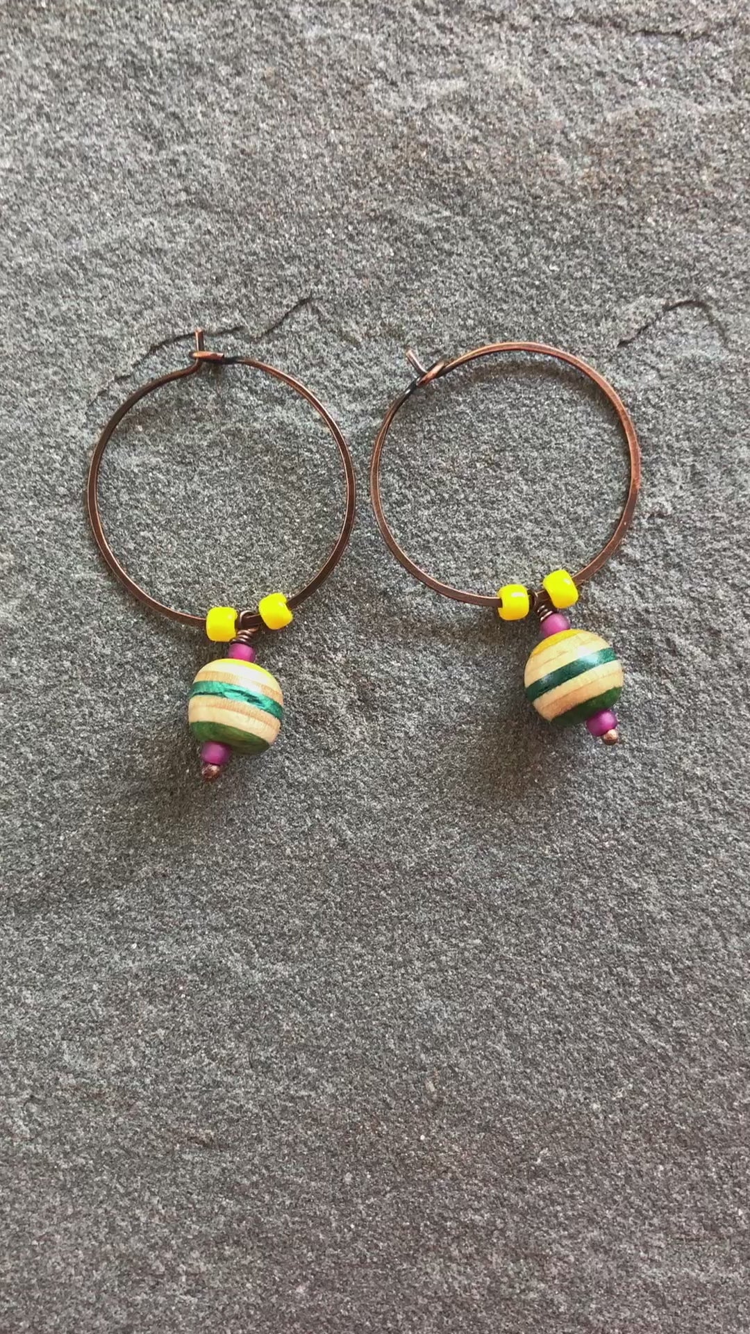 Recycled Skateboard Dangle Hoop Handmade Earrings, Yellow, Hot Pink, Green