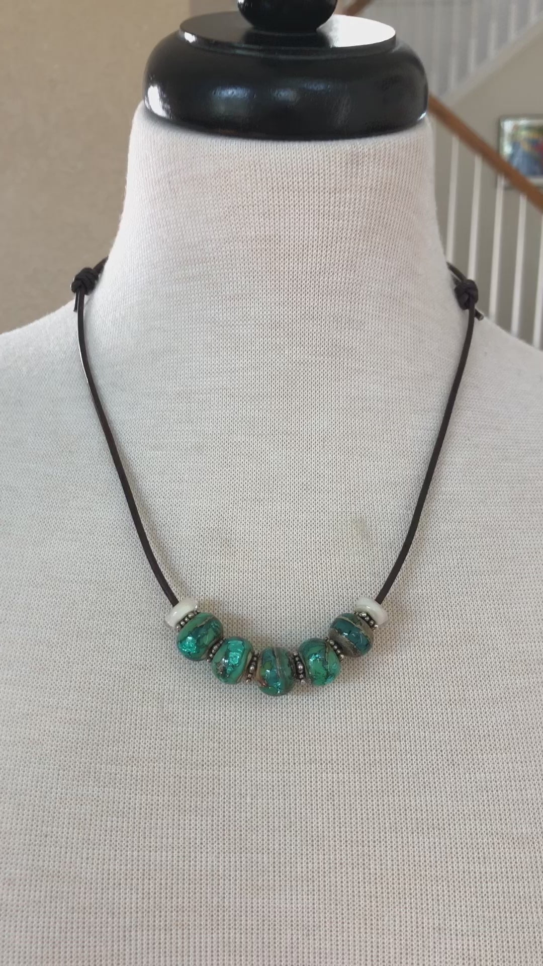Beach Glass Handmade Adjustable Statement Necklace with Aqua Artisan Lampwork Glass, Sterling Silver and Chocolate Leather Cord