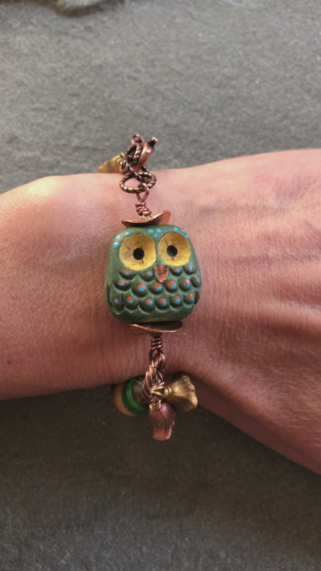 Forest Friend Handmade Bracelet with Polymer Clay Artisan Owl, Recycled Skateboard Beads and Czech Glass