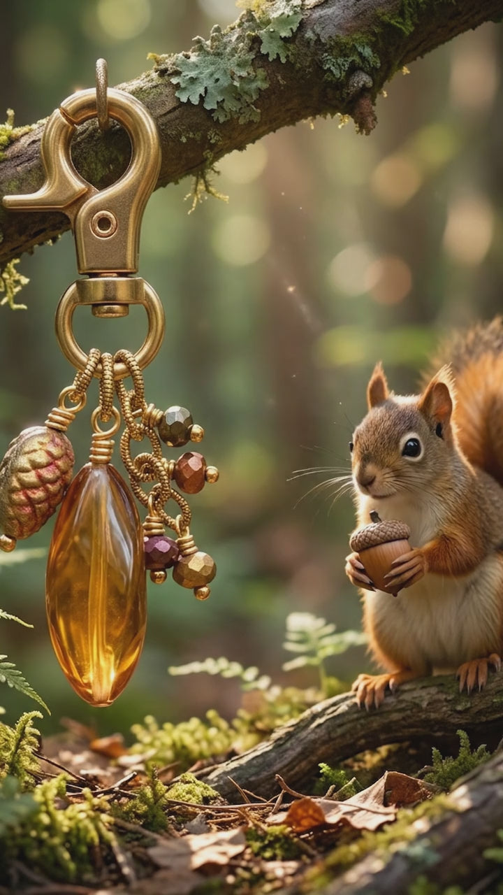 Whimsical video of a squirrel holding an acorn while tentatively watching an amber hued handbag charm dangling from a branch.