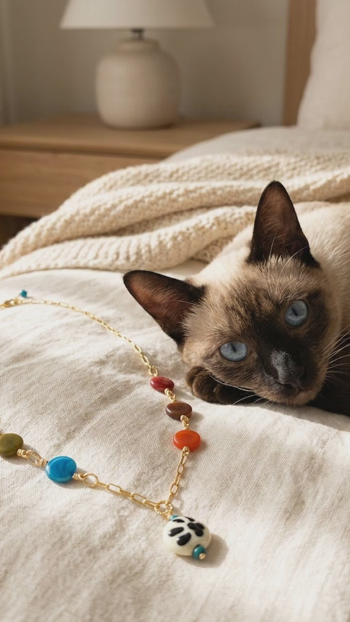 Whimsical video of Forever Friend Necklace with a Siamese Cat nearby 