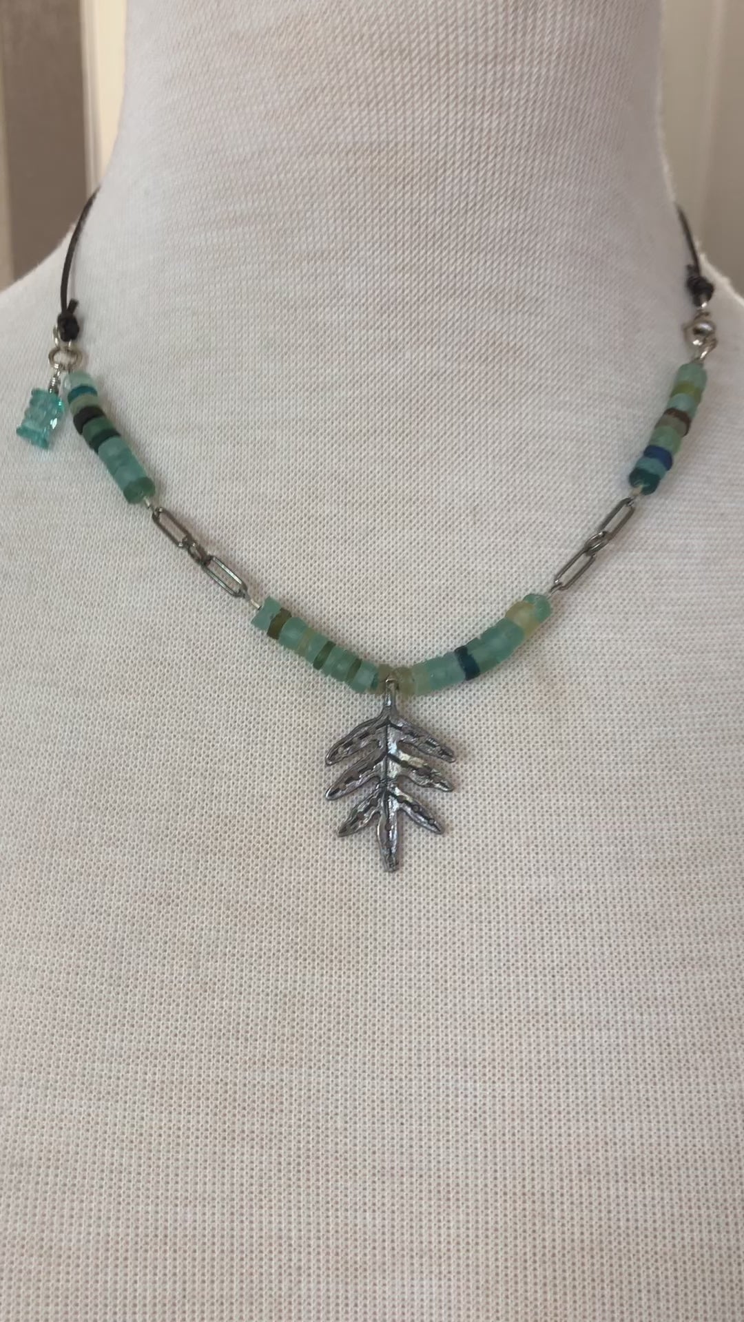 Ancient Roman Glass Handmade Beaded Necklace. Sterling Silver and Aqua Blue Roman Glass