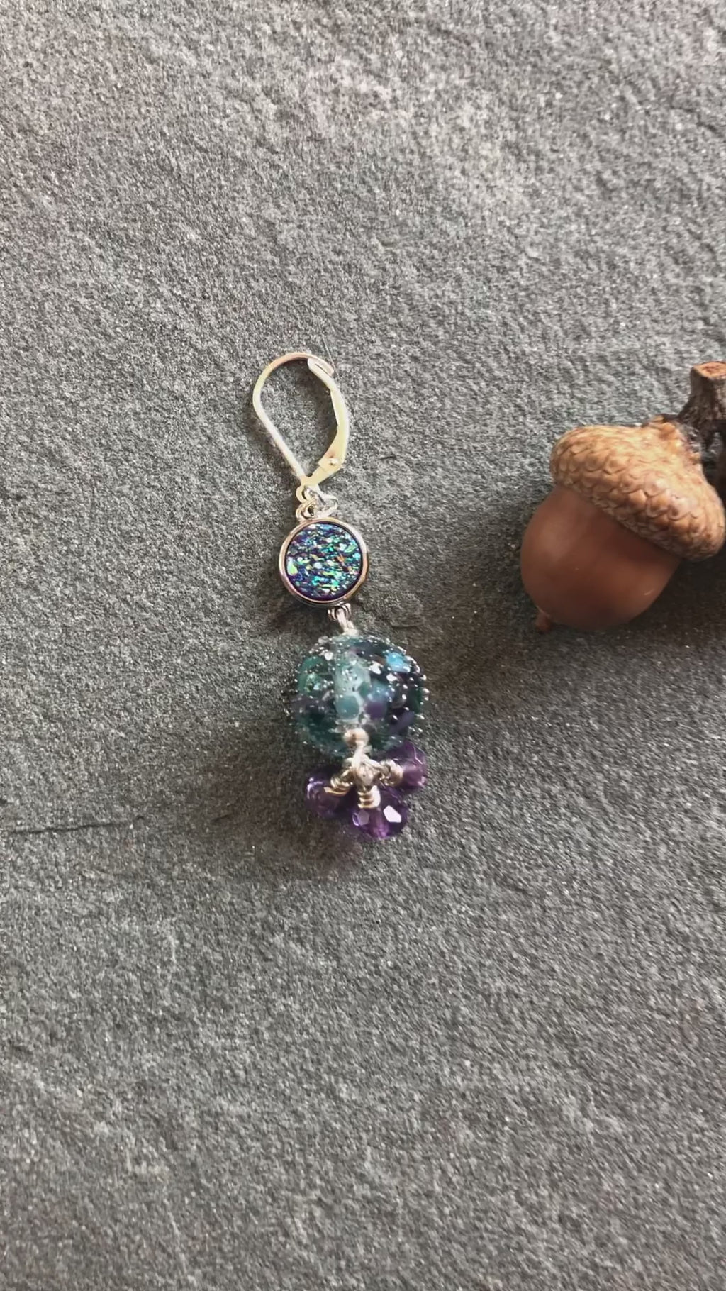 Wild Hyacinth Handmade Dangle Earrings, Blue  and Purple Artisan Lampwork Glass, Sterling Silver, Amethyst, Indigo Druzy
