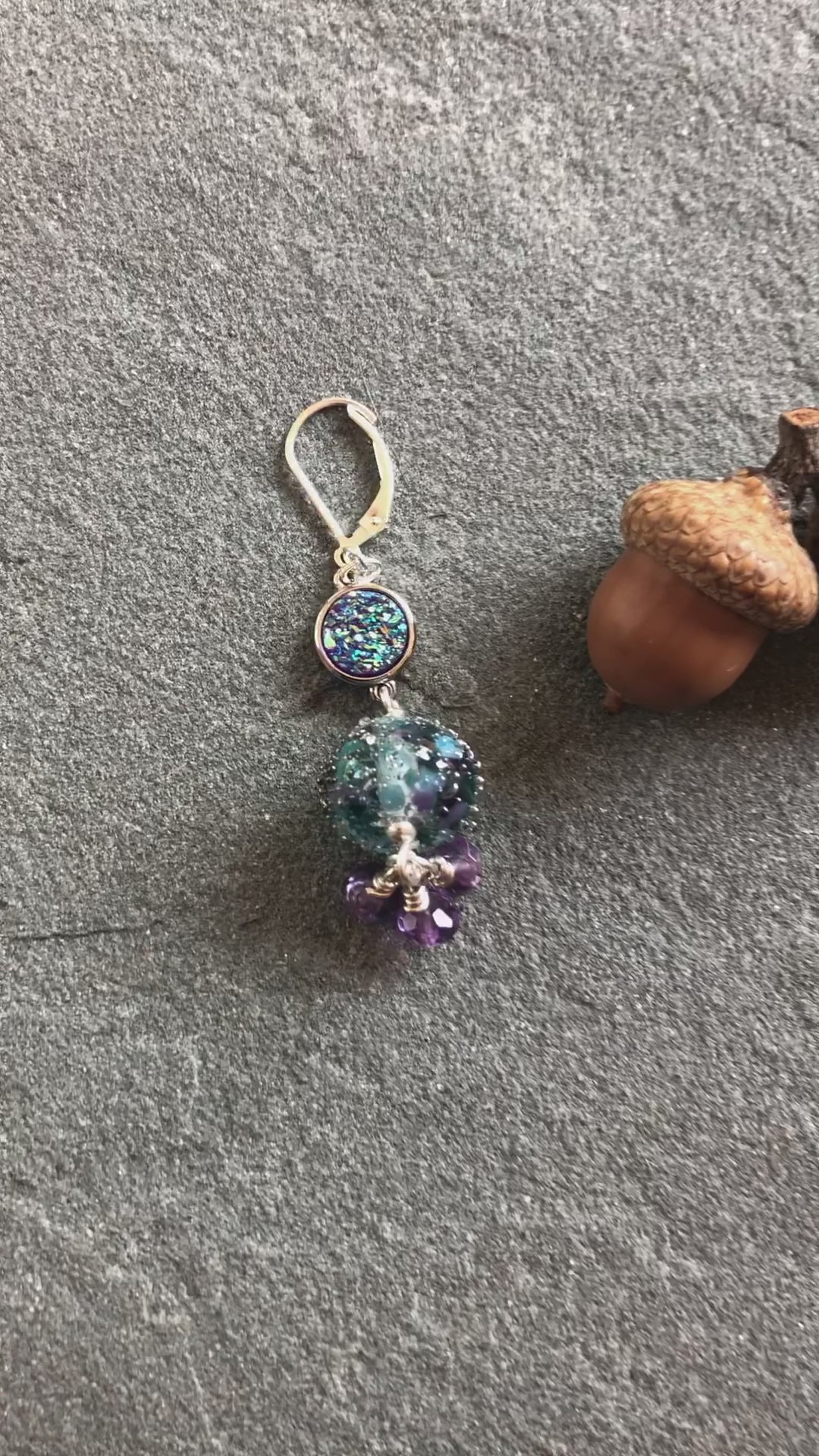 Wild Hyacinth Handmade Dangle Earrings, Blue  and Purple Artisan Lampwork Glass, Sterling Silver, Amethyst, Indigo Druzy