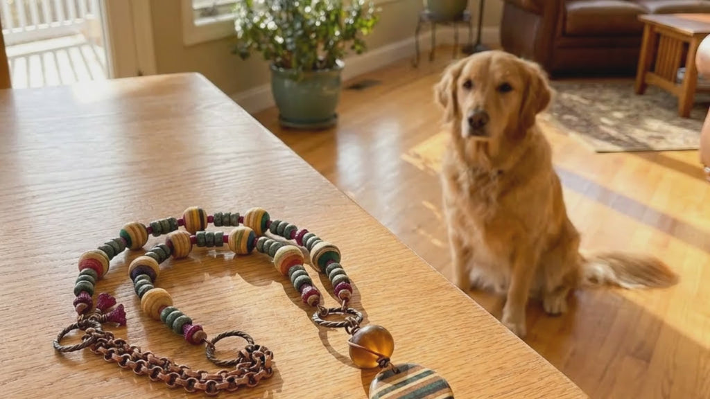 Video of Bicycle Chain and Skateboard Necklace with a golden retriever nearby. 