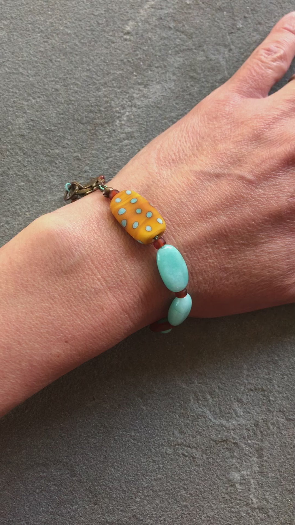 Polka Dots Handmade Beaded Bracelet with Artisan Lampwork Glass, Peruvian Amazonite, Turquoise and Horn