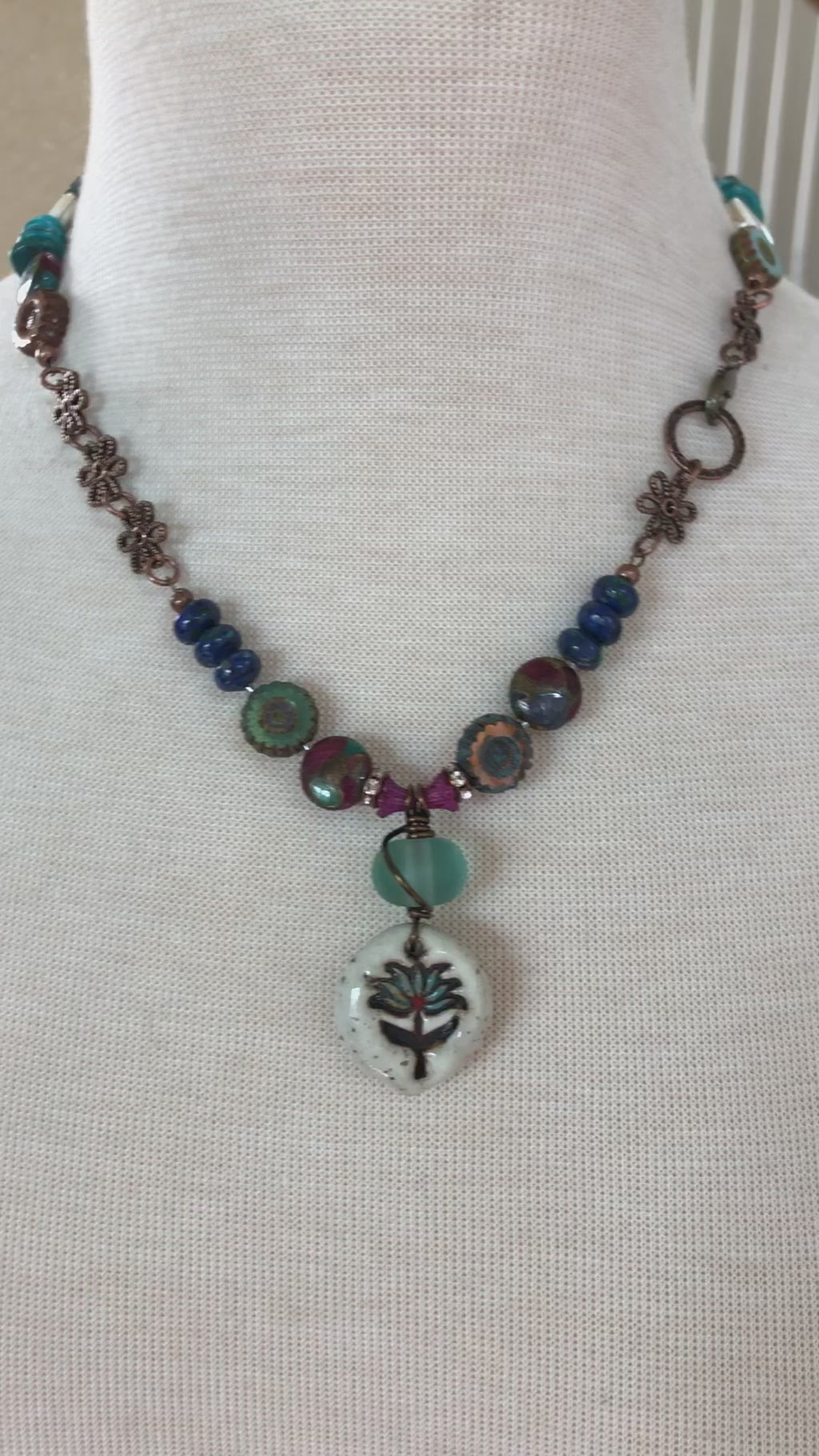 Lotus Handmade Beaded Necklace with Artisan Ceramic Focal, Mosaic Impression Jasper, Azurite Malachite, Shell, Turquoise