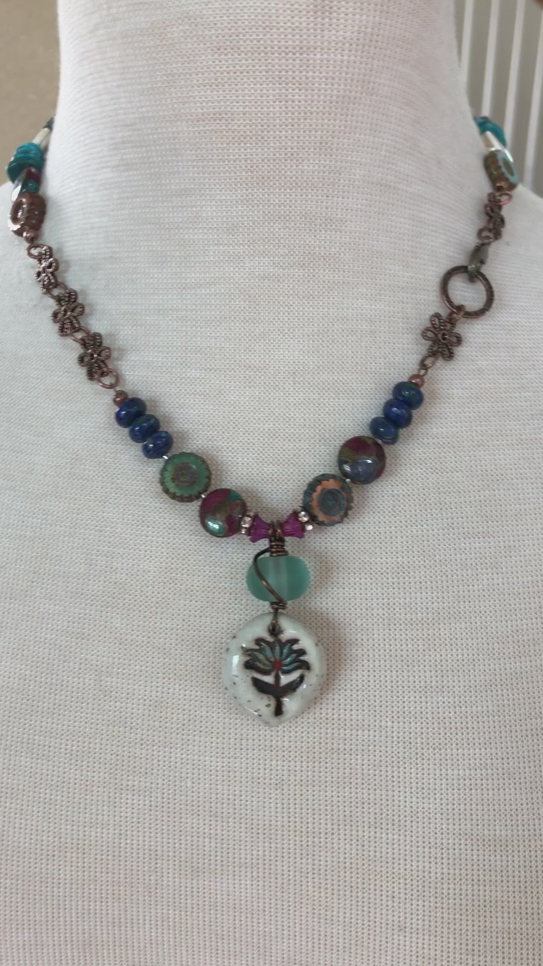 Lotus Handmade Beaded Necklace with Artisan Ceramic Focal, Mosaic Impression Jasper, Azurite Malachite, Shell, Turquoise
