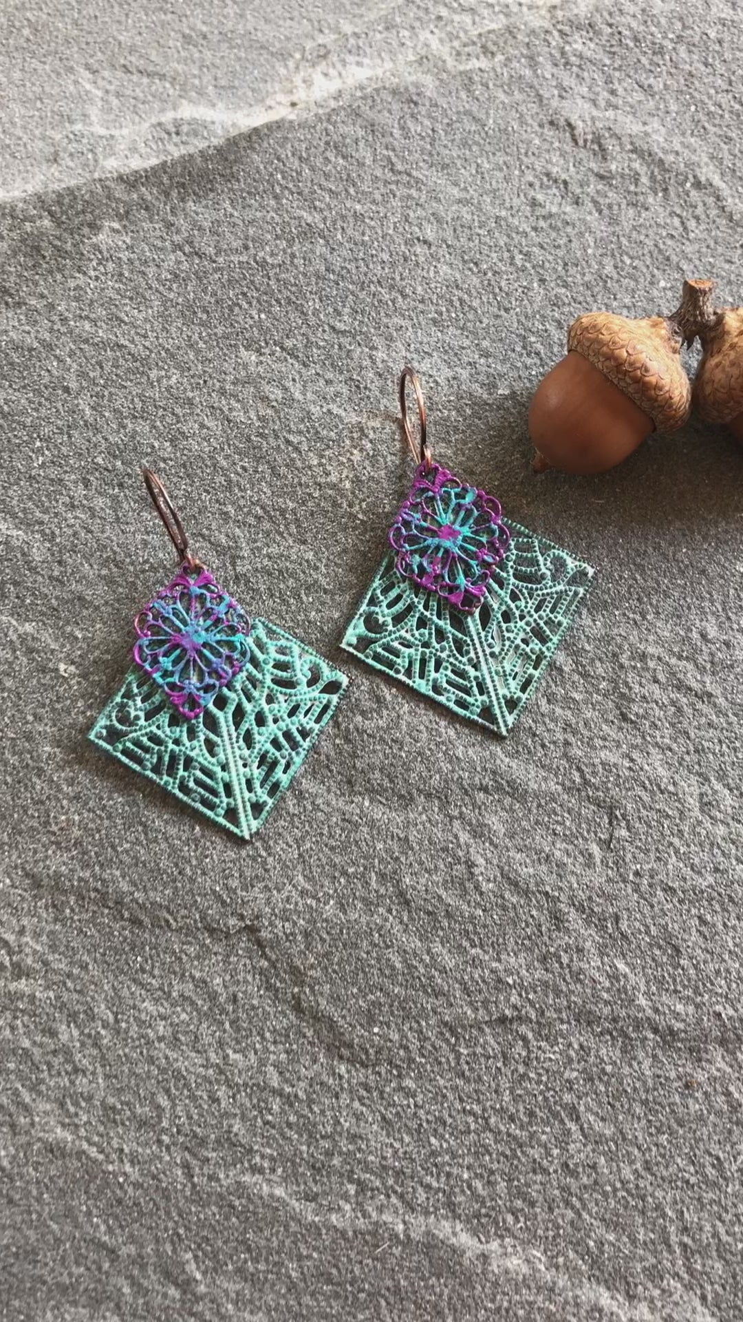 Gypsy Filigree Handmade Dangle Earrings, Artisan Turquoise Patinated Filigree.
