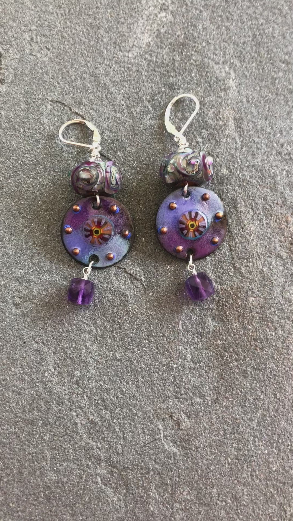 Twilight Handmade Dangle Earrings, Artisan Lampwork Purple Glass, Artisan Enameled Charms, Amethyst, Sterling Silver Ear Wires