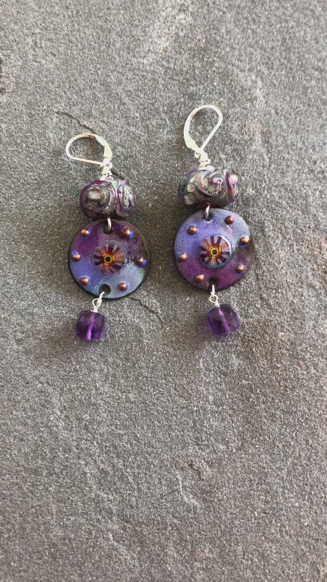 Twilight Handmade Dangle Earrings, Artisan Lampwork Purple Glass, Artisan Enameled Charms, Amethyst, Sterling Silver Ear Wires