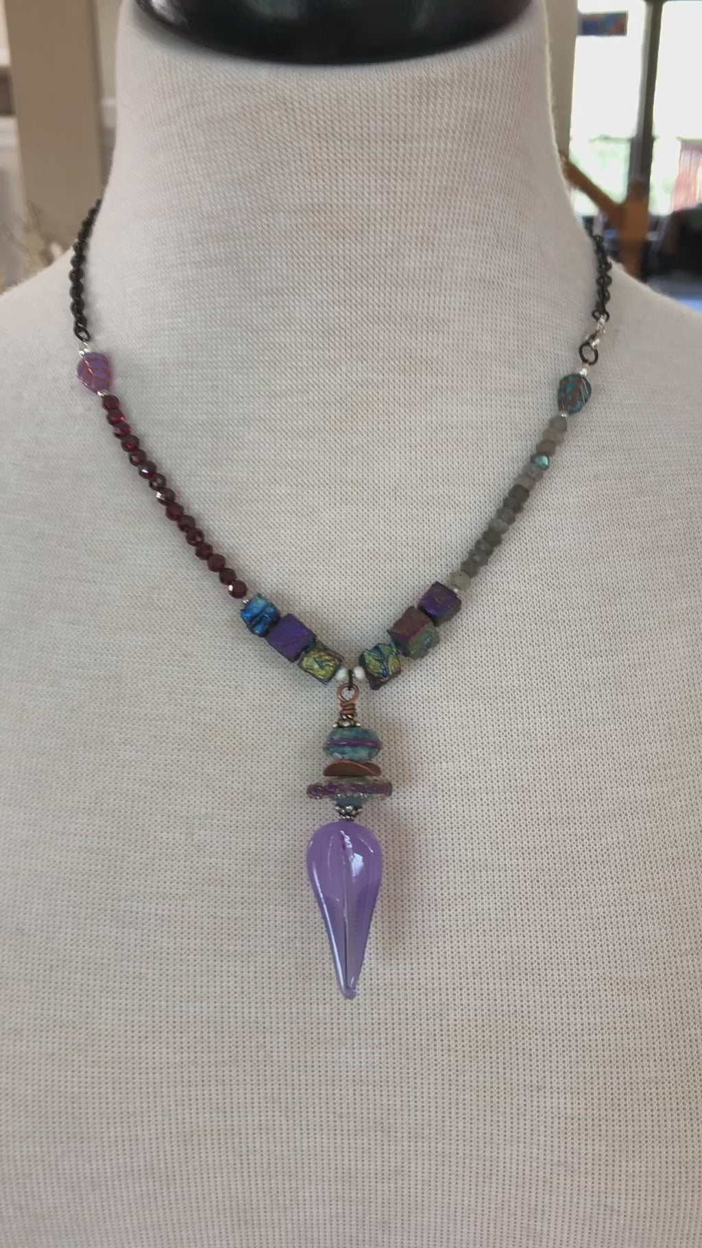 Lilac Leaf Handmade Beaded Necklace. Red Garnet, Labradorite, Sterling Silver, Artisan Lampwork Glass