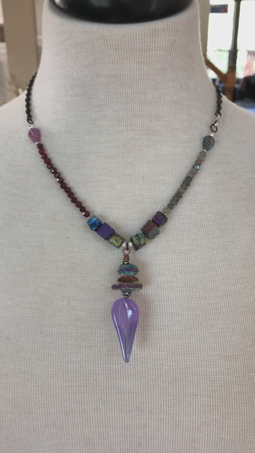 Lilac Leaf Handmade Beaded Necklace. Red Garnet, Labradorite, Sterling Silver, Artisan Lampwork Glass