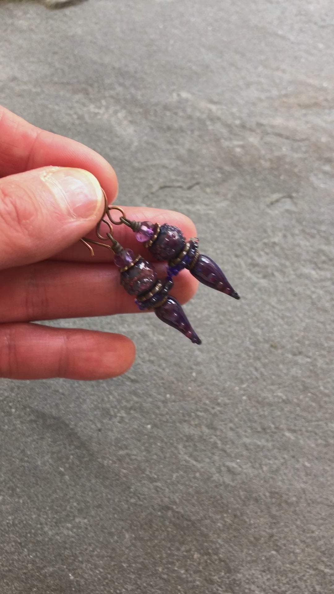 Blackberry Wine Handmade Dangle Earrings, Purple Artisan Lampwork Glass and Amethyst