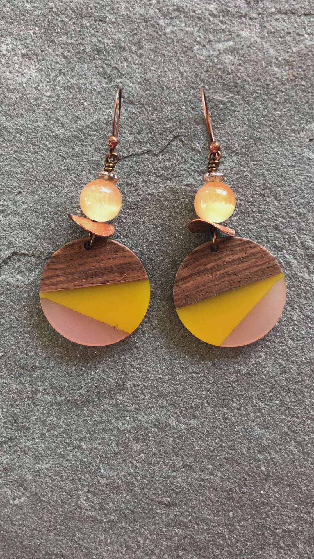 Mango and Peach Dangle Handmade Earrings, Bright Selenite, Wood Resin Charms.