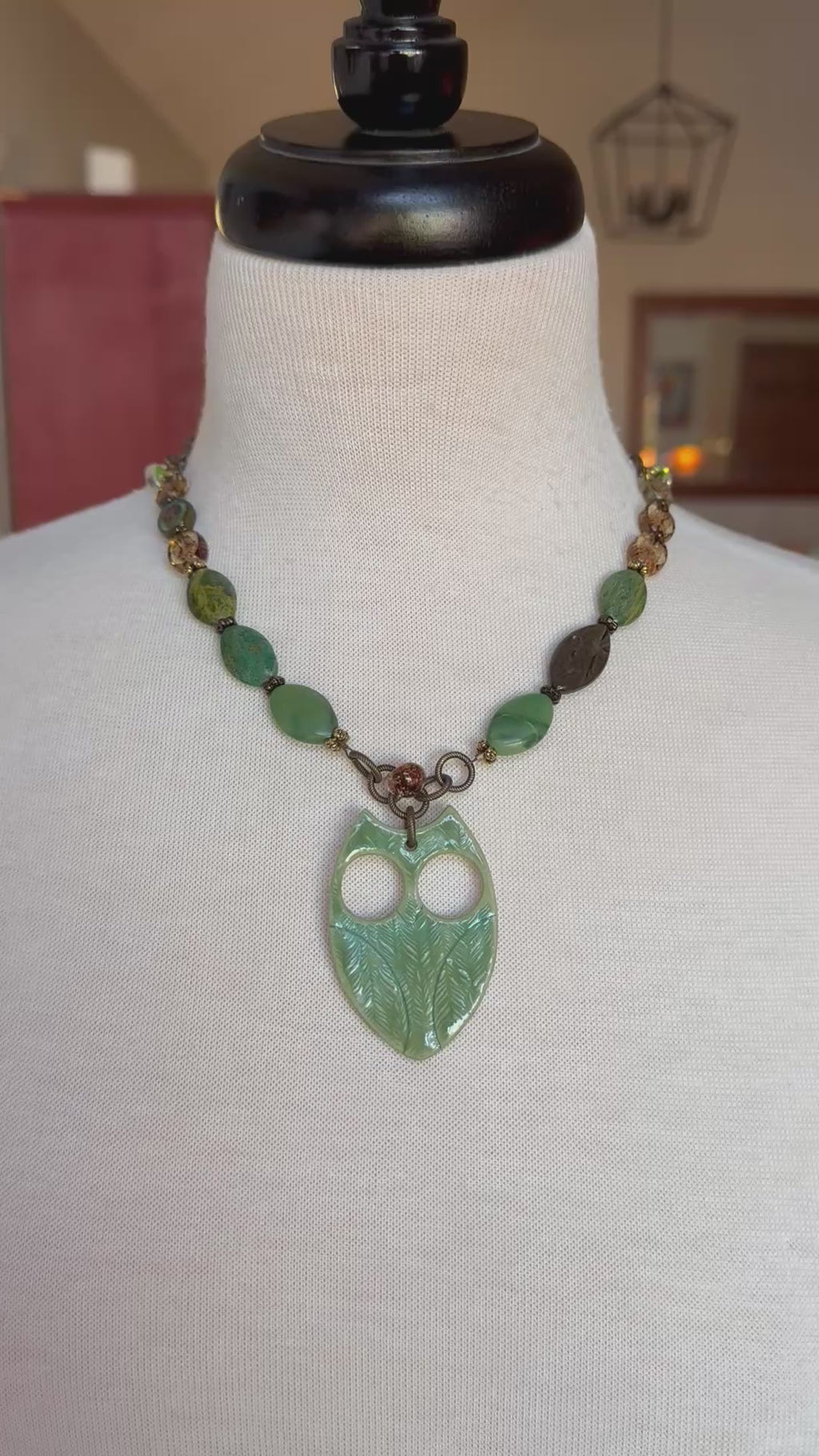 Winter Green Hoot Necklace - Handmade Artisan Porcelain Owl Antique Brass