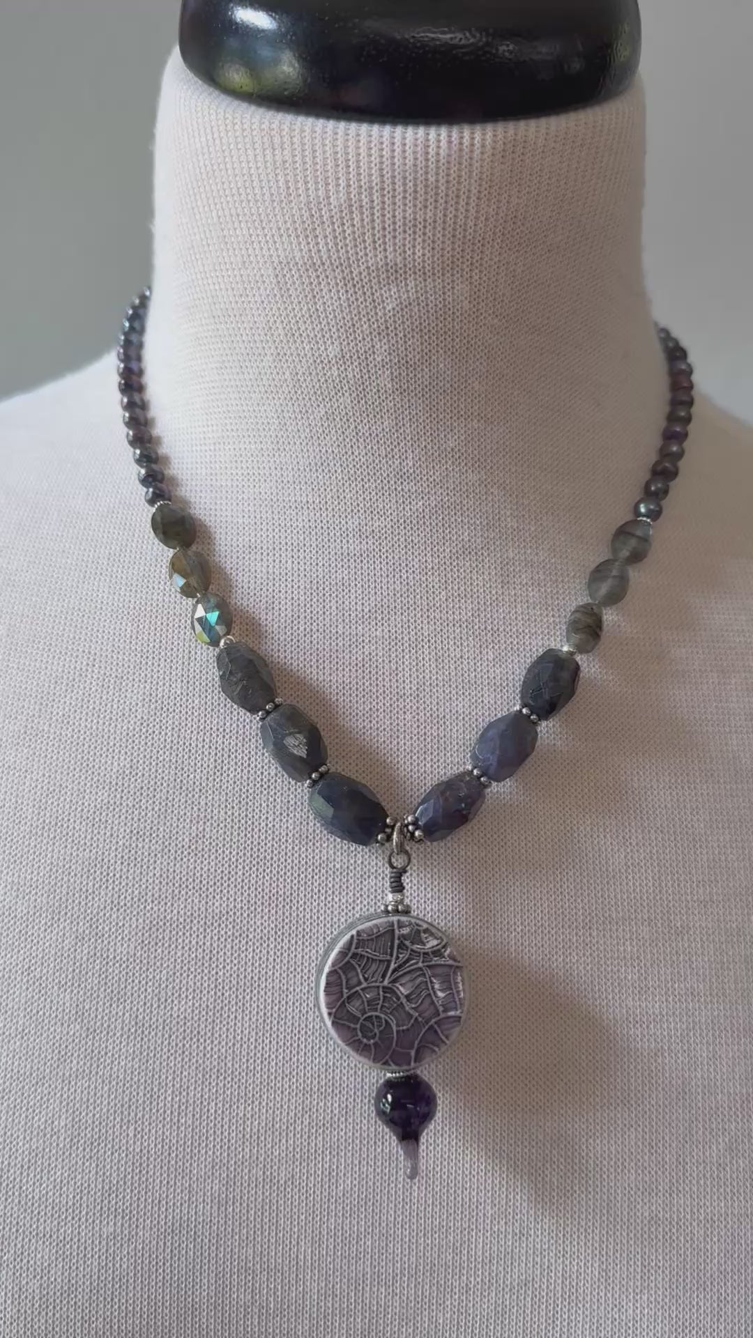 Stormy Night Necklace - Handmade Artisan Porcelain Iolite Sterling Silver