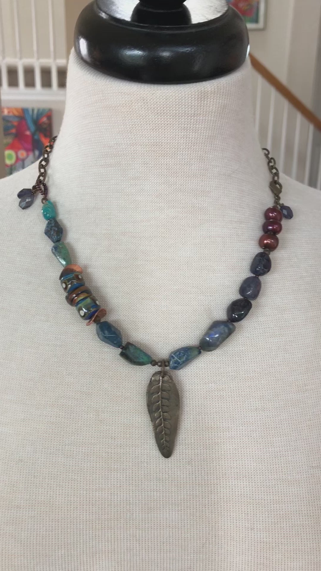 Beautiful Blues Handmade Beaded Necklace with Iolite, Cuprite, Artisan Glass, Pearls. Asymmetrical
