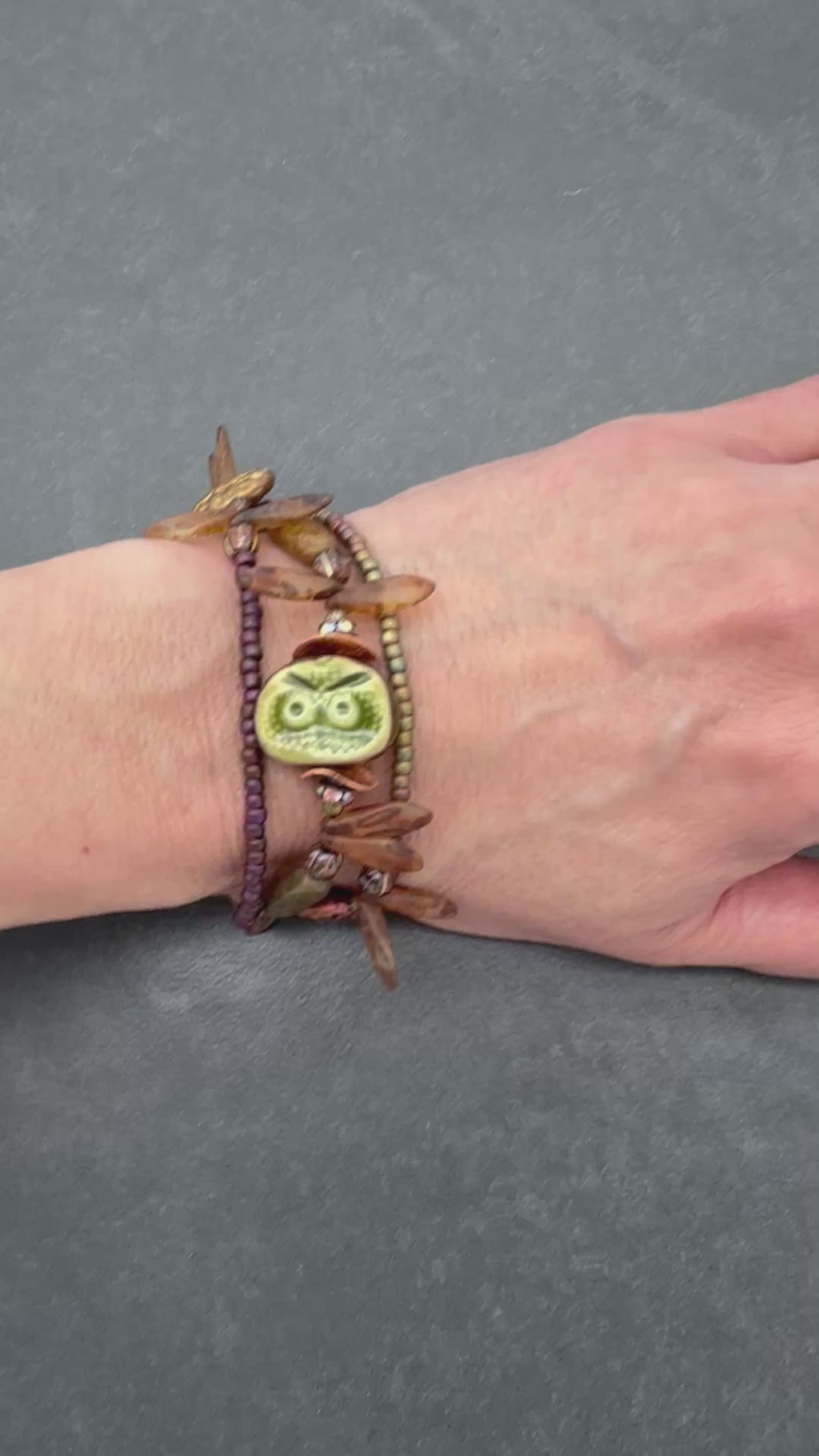 Nature Theme Handmade Beaded Bracelet - Artisan Ceramic Owl and Czech Glass